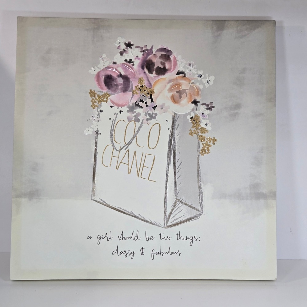 Coco Chanel Floral Shopping Bag Canvas Wall Art Classy & Fabulous 18x18 Square